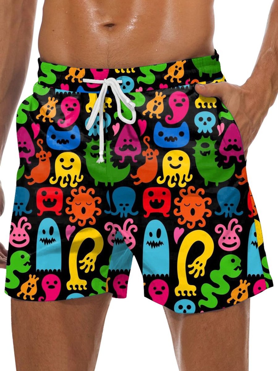 Men GYJ Shorts | Colorful Monster Print Lounge Shorts Black