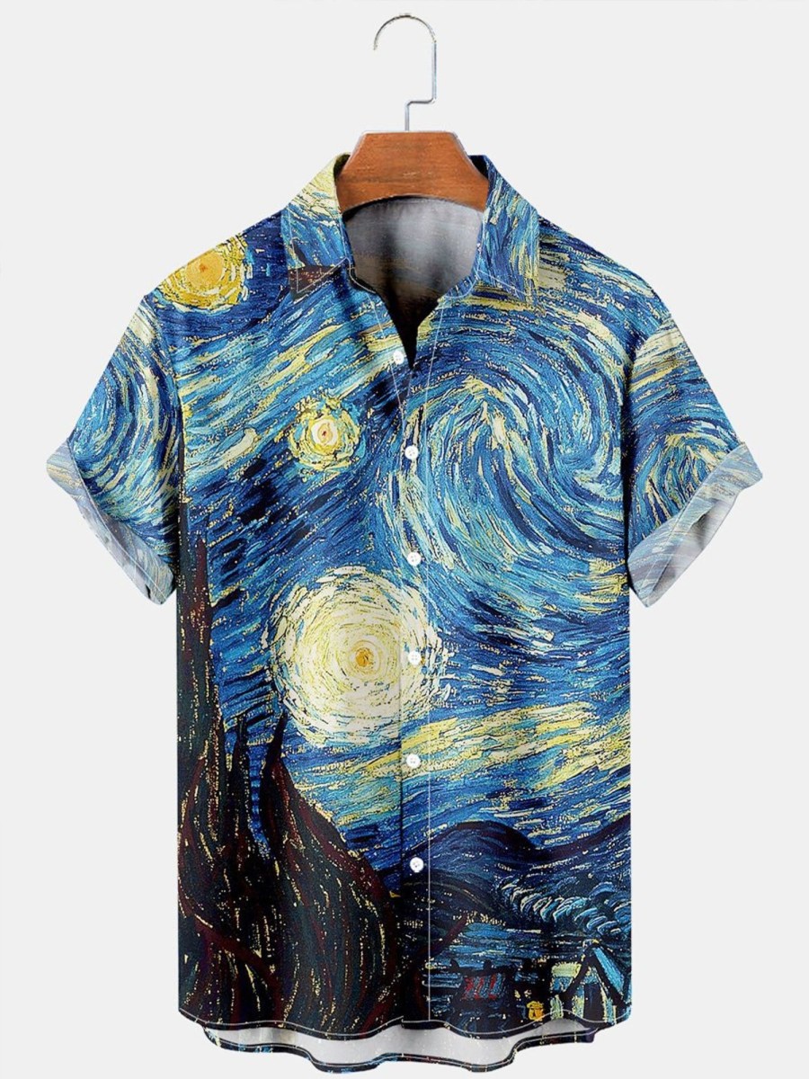 Men HLJ Shirts | Men'S Hawaiian Vintage Van Gogh Starry Night Short Sleeve Shirt Blue