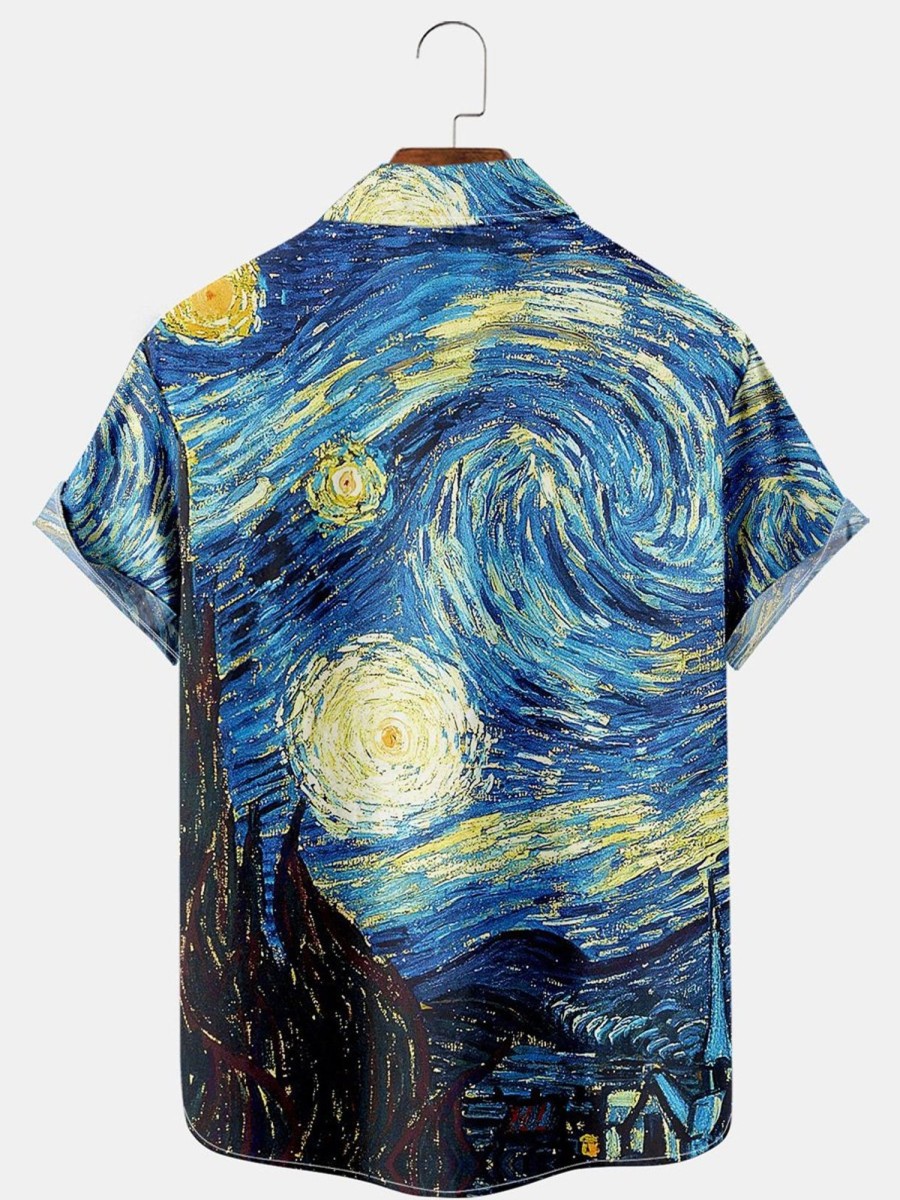 Men HLJ Shirts | Men'S Hawaiian Vintage Van Gogh Starry Night Short Sleeve Shirt Blue