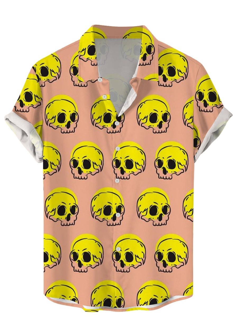 Men GYJ Shirts | Skull Print Casual Short Sleeve Shirt Flesh Pink