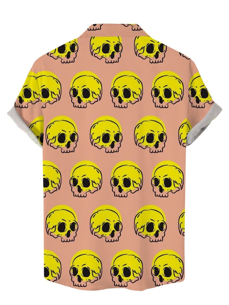 Men GYJ Shirts | Skull Print Casual Short Sleeve Shirt Flesh Pink