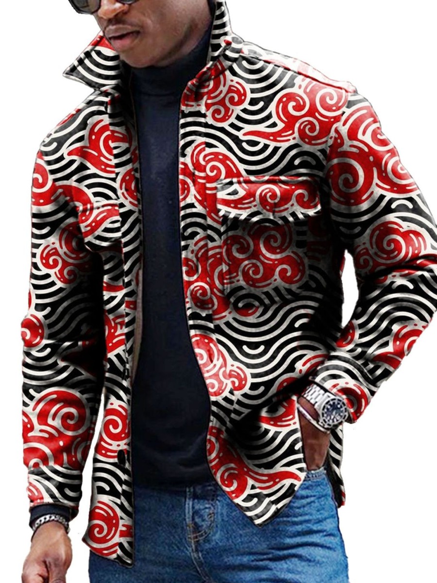 Men DJ Jacket | Vintage Ukiyoe Cloud Print Corduroy Double Pocket Lapel Jacket Photo Color