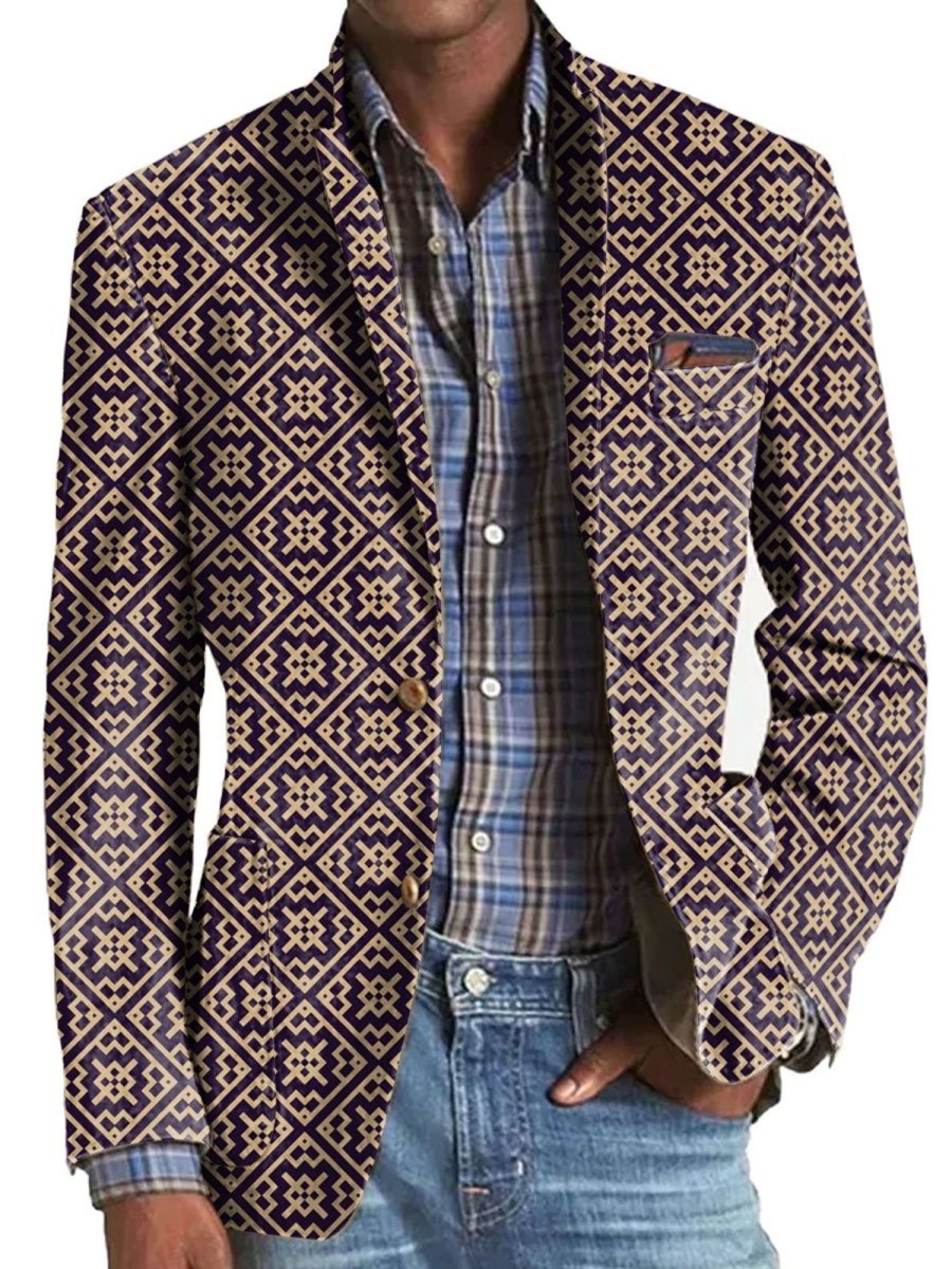 Men BXL Print Jacket | Men'S Retro Geometric Print Pocket Casual Blazer Purple