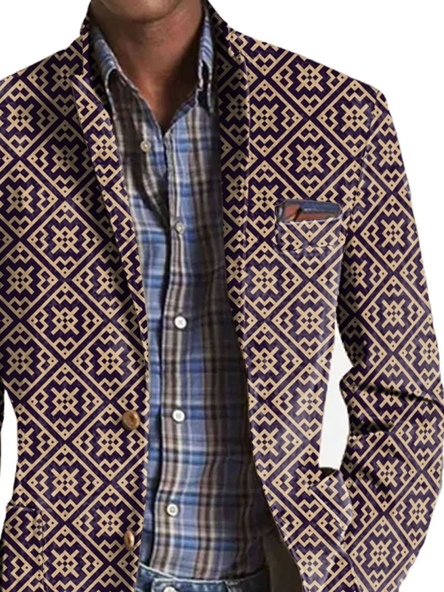 Men BXL Print Jacket | Men'S Retro Geometric Print Pocket Casual Blazer Purple