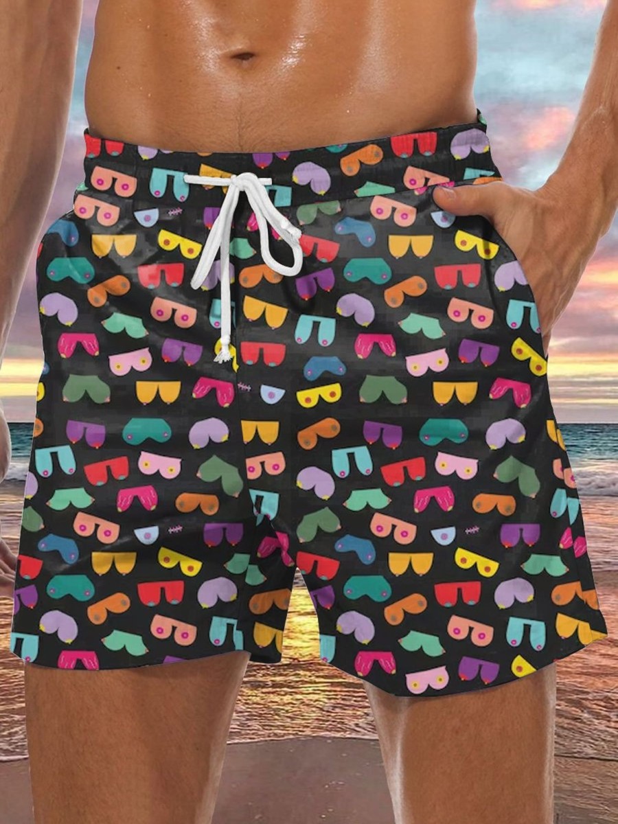 Men DJ Shorts | Colorful Boobs Print Pocket Track Shorts Photo Color