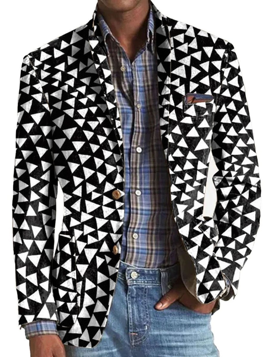 Men DJ Print Jacket | American Retro And White Triangle Print 3-Pocket Blazer Black