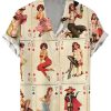 Men DJ Shirts | Sexy Poker Girl Print Casual Short Sleeve Shirt Khaki