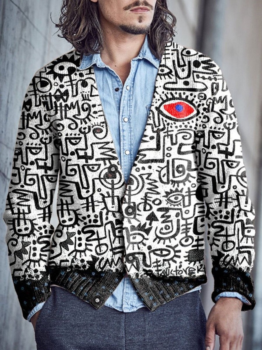 Men BXL Print Cardigan | Men'S Casual Abstract Art Face Sweater Button Cardigan Black