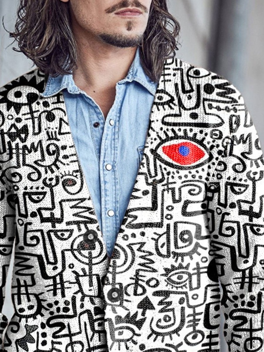 Men BXL Print Cardigan | Men'S Casual Abstract Art Face Sweater Button Cardigan Black