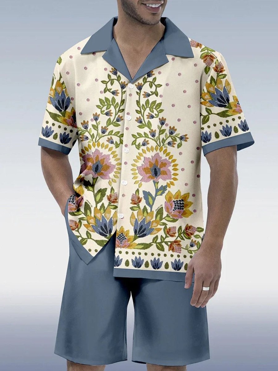 Men DJ Set | Vintage Floral Printing Hawaiian Short Sleeve Shirt Set Photo Color