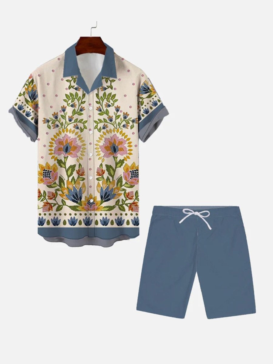 Men DJ Set | Vintage Floral Printing Hawaiian Short Sleeve Shirt Set Photo Color