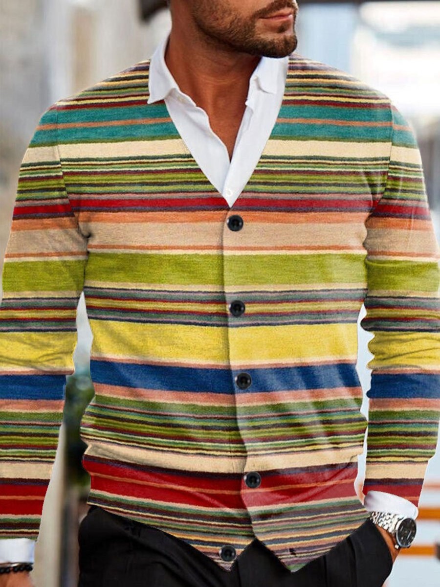 Men BXL Print Cardigan | Men'S V-Neck Colorful Striped Single-Breasted Sweater Cardigan 68438940Xl Yellow