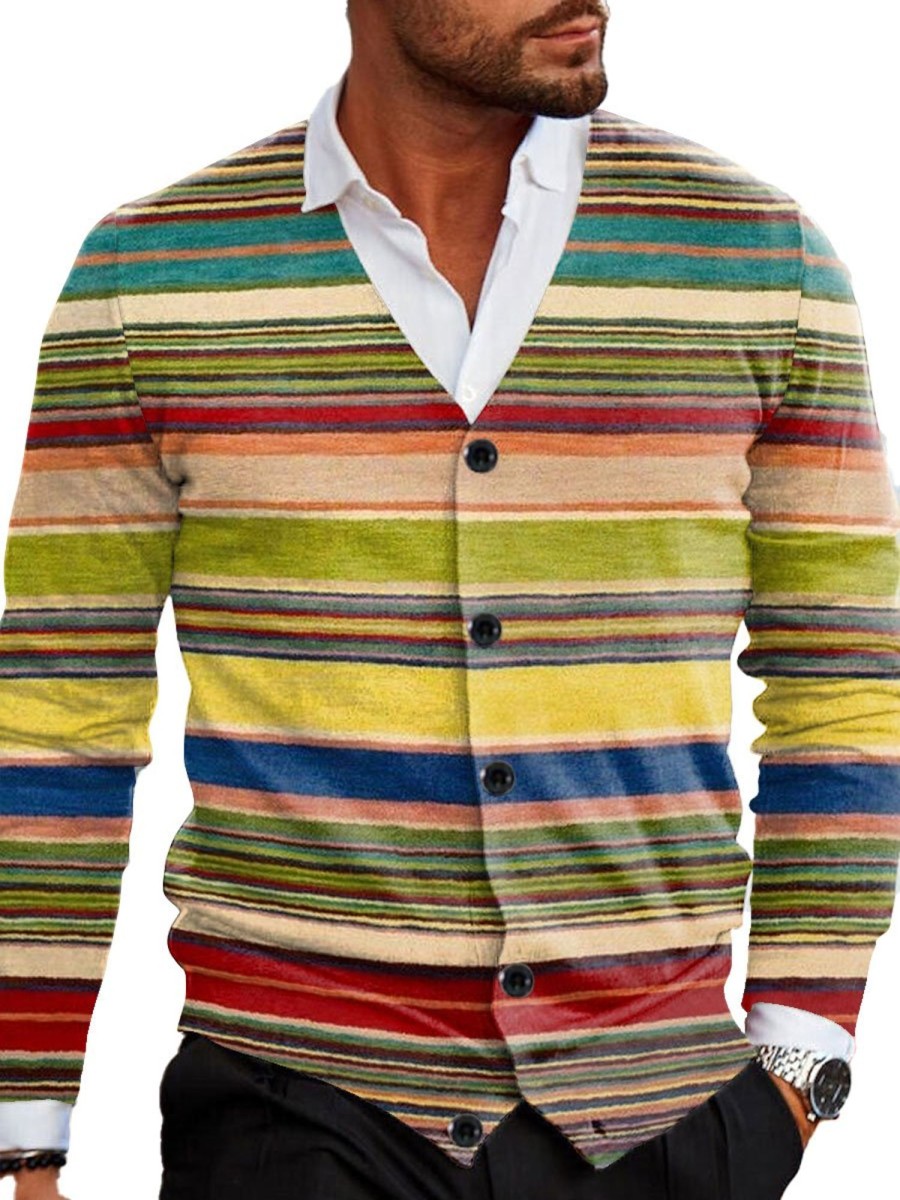 Men BXL Print Cardigan | Men'S V-Neck Colorful Striped Single-Breasted Sweater Cardigan 68438940Xl Yellow