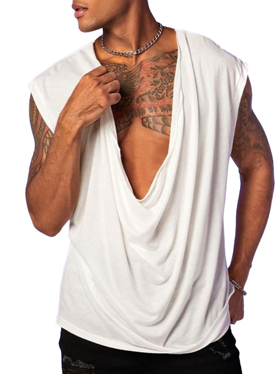 Men DJ Casual Short Sleeve Shirts | V-Neck Solid Color Sleeveless Casual Vest White