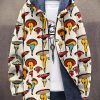 Men DJ Print Jacket | Sexy Mushroom Print Pocket Hooded Fleece Cardigan