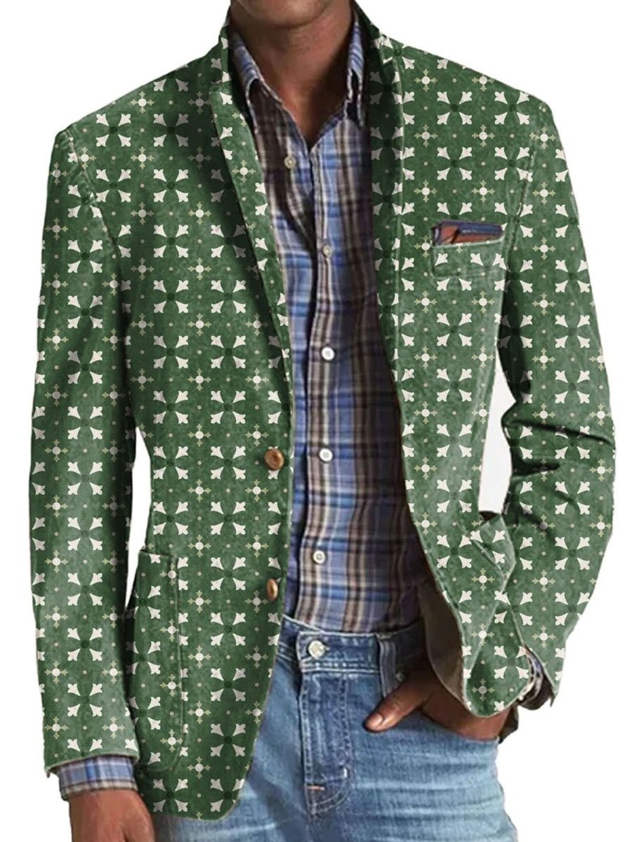 Men BXL Print Jacket | Men'S Pocket Floral Print Casual Blazer Green