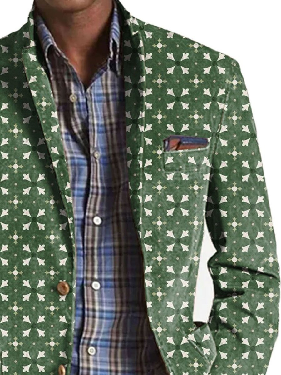 Men BXL Print Jacket | Men'S Pocket Floral Print Casual Blazer Green