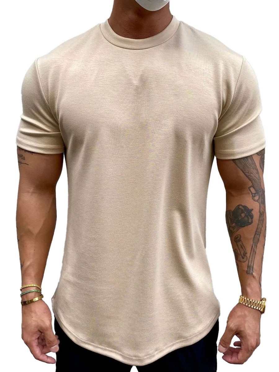 Men DJ Casual Short Sleeve Shirts | Solid Color Round Neck Casual Short-Sleeved T-Shirt Khaki