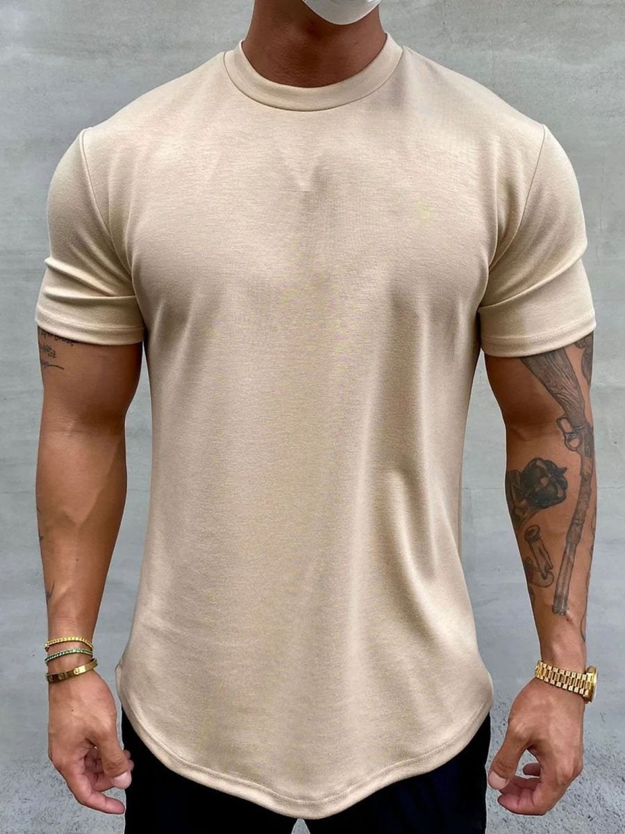 Men DJ Casual Short Sleeve Shirts | Solid Color Round Neck Casual Short-Sleeved T-Shirt Khaki