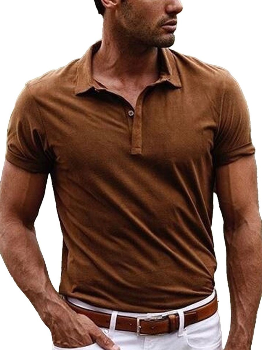 Men BXL Casual Short Sleeve Shirts | Men'S Solid Color Cotton Polo Neck Short Sleeve T-Shirt Brown