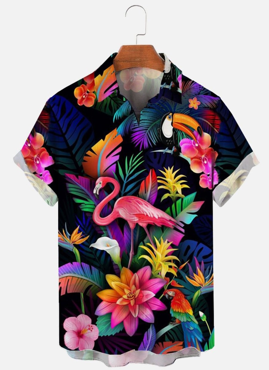 Men XT Shirts | Men'S Rainforest Flamingo Print Short Sleeve Shirt Black