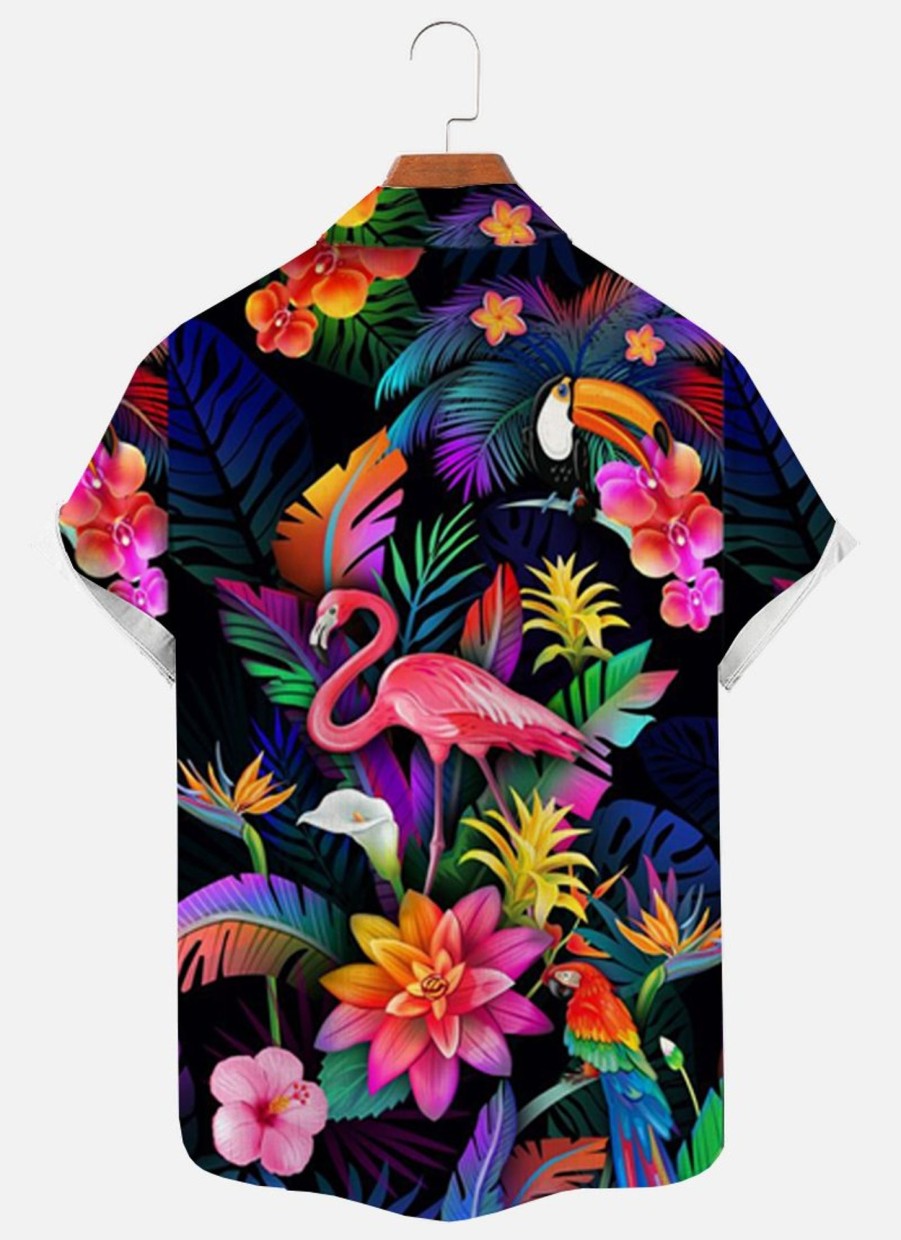 Men XT Shirts | Men'S Rainforest Flamingo Print Short Sleeve Shirt Black