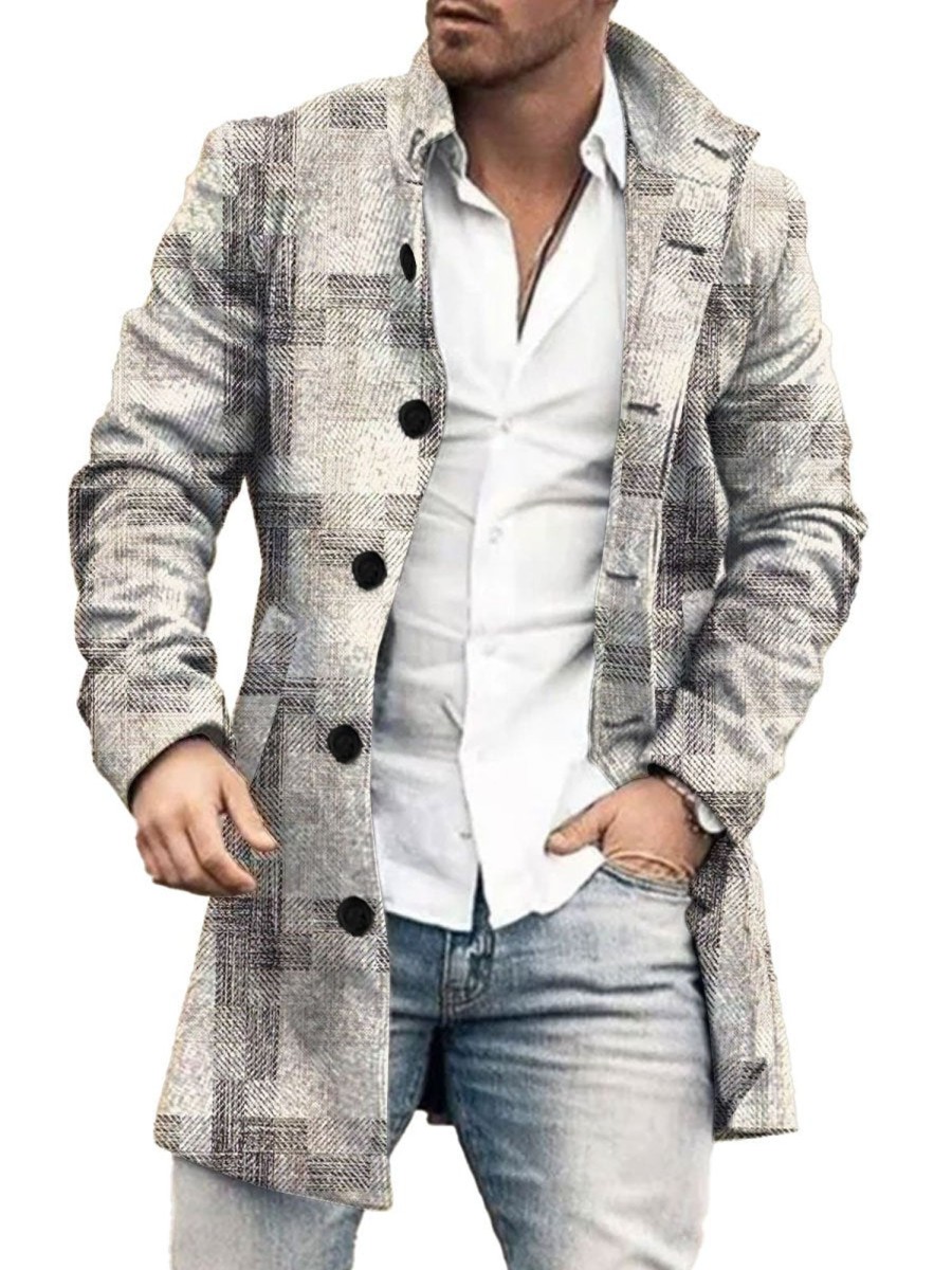 Men BXL Print Jacket | Men'S Retro Geometric Print Double-Breasted Tweed Single-Breasted Coat Gray