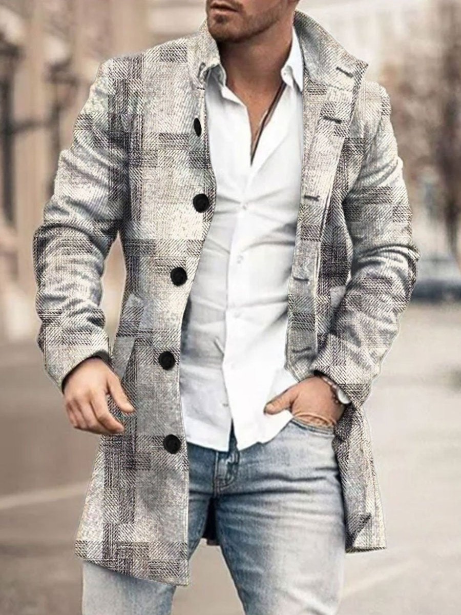 Men BXL Print Jacket | Men'S Retro Geometric Print Double-Breasted Tweed Single-Breasted Coat Gray