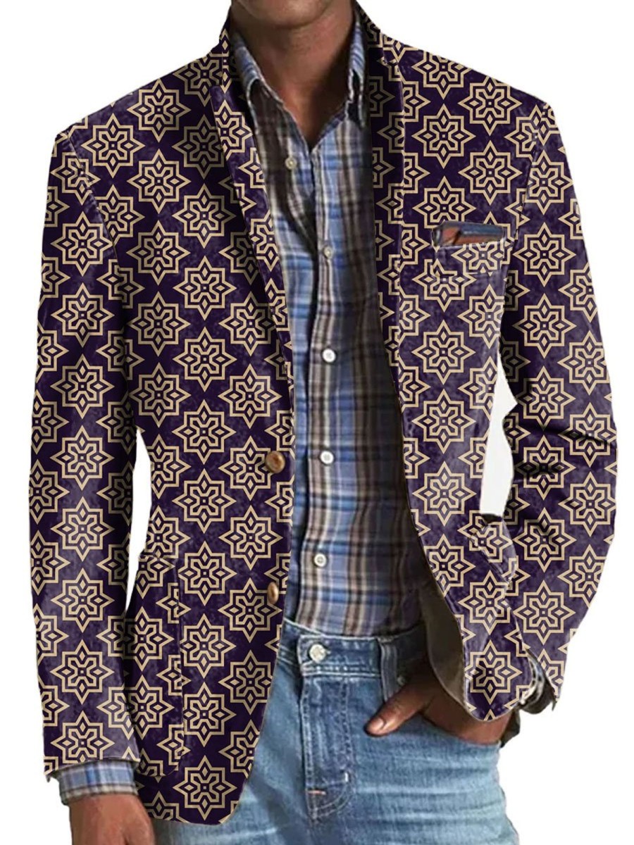 Men BXL Print Jacket | Men'S Retro Geometric Print Pocket Casual Blazer Purple