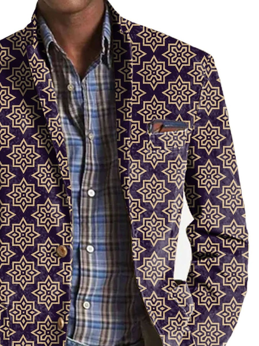 Men BXL Print Jacket | Men'S Retro Geometric Print Pocket Casual Blazer Purple