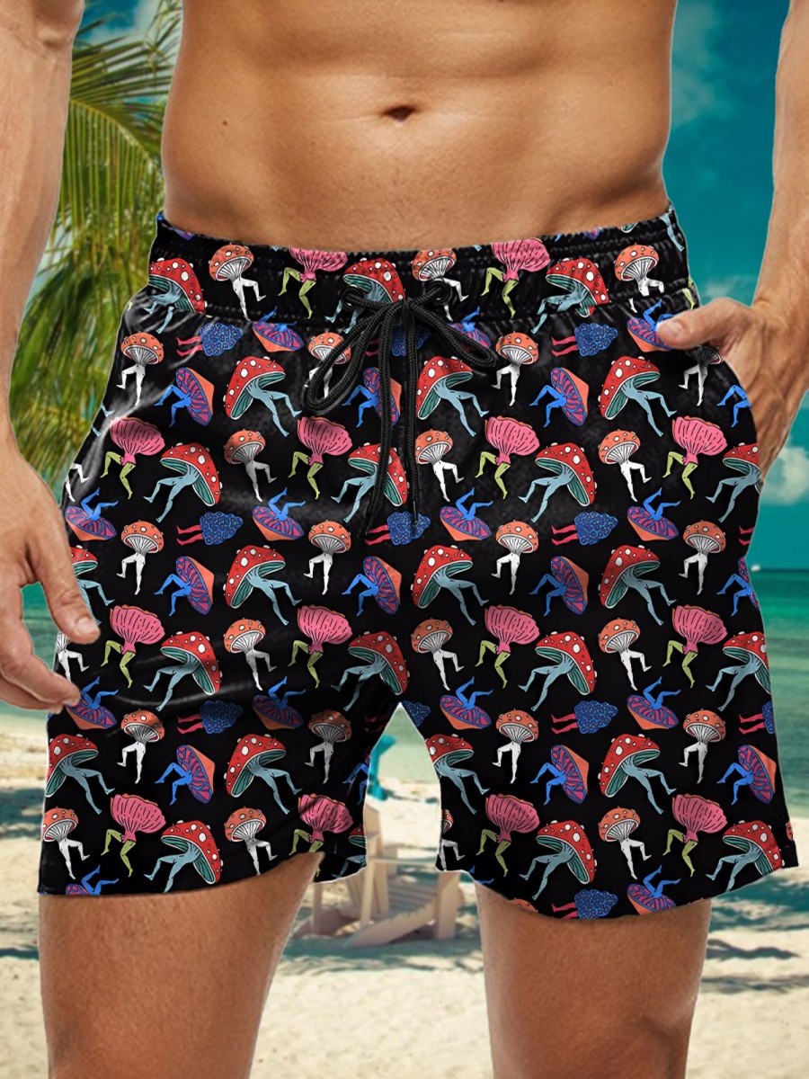 Men HWT Shorts | Men'S Shorts Holiday Sexy Mushroom Print Beach Shorts Black