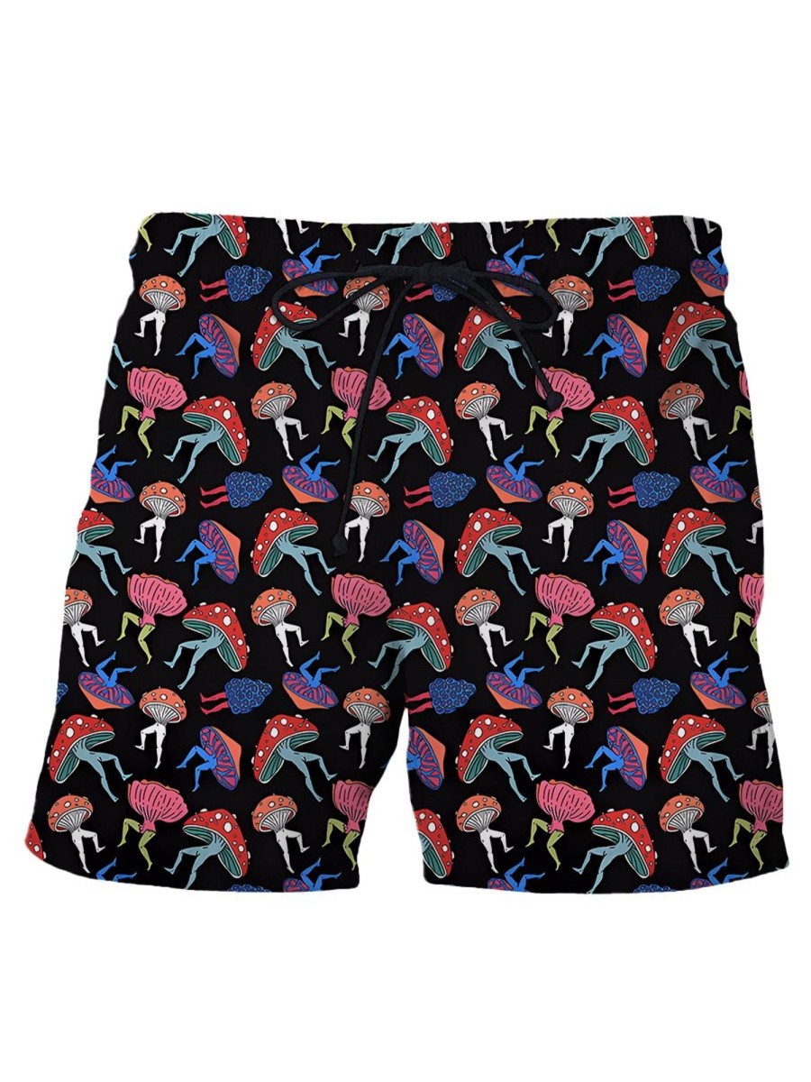 Men HWT Shorts | Men'S Shorts Holiday Sexy Mushroom Print Beach Shorts Black