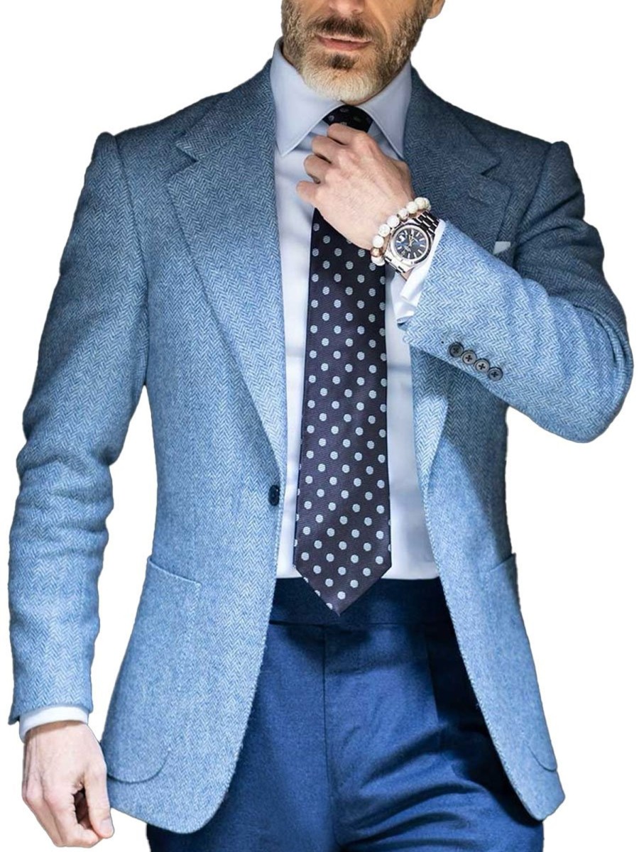 Men BXL Jacket | Men'S Herringbone Wool Pocket Casual Blazer Blue