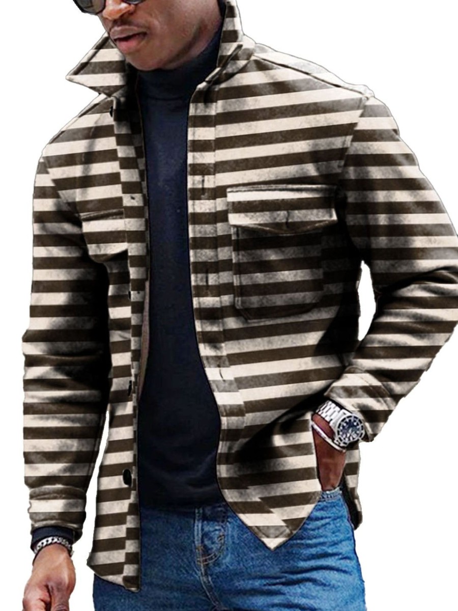 Men DJ Jacket | Vintage Striped Print Corduroy Double Pocket Lapel Jacket Photo Color