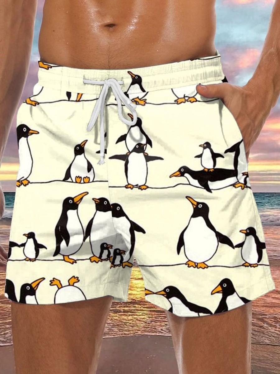 Men LJC Shorts | Penguin Print Hawaiian Track Shorts Photo Color