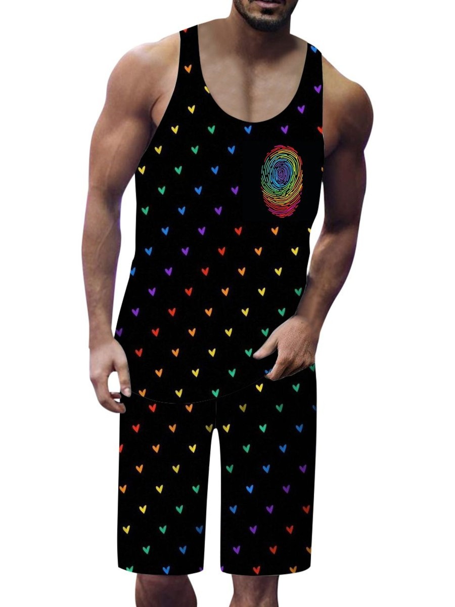 Men GYJ Set | Love Fingerprint Print Tank Top And Shorts Two-Piece Set Black