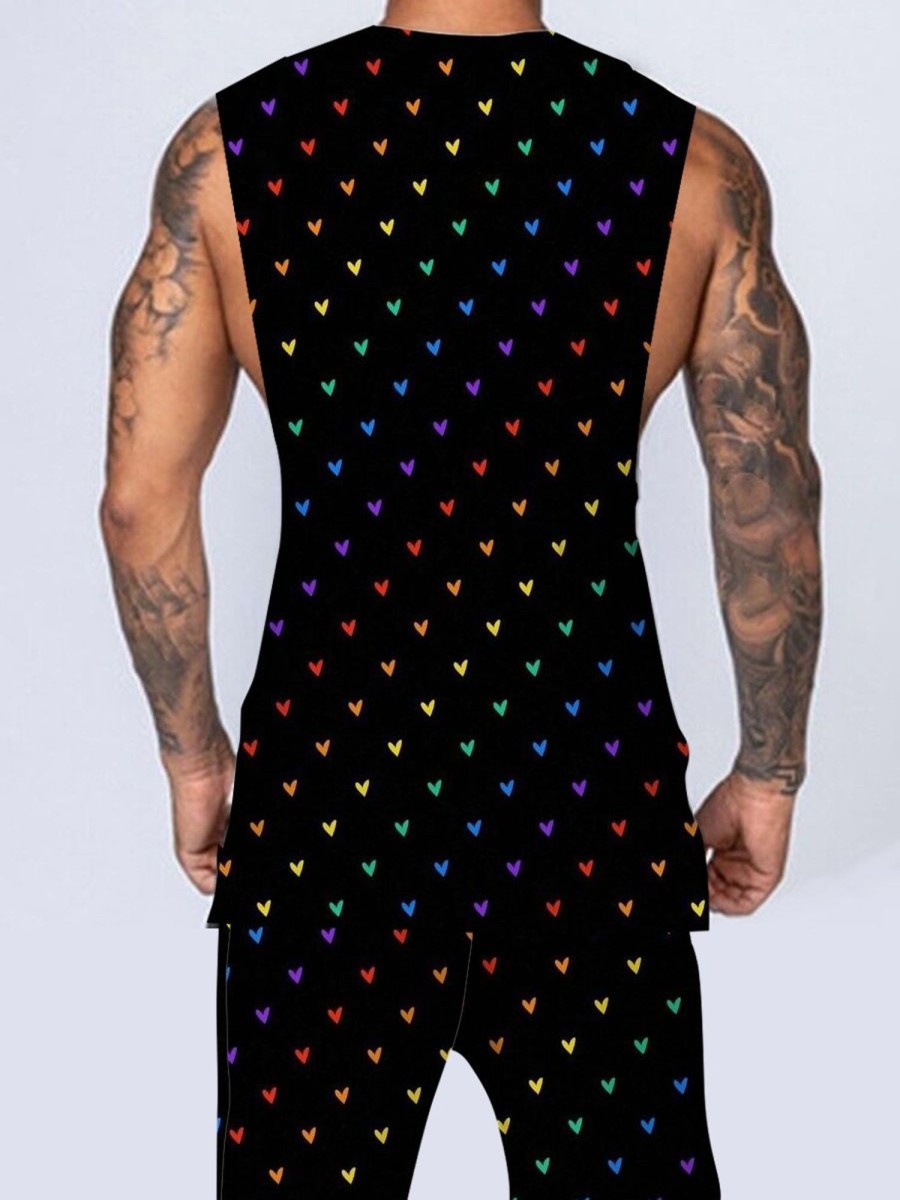 Men GYJ Set | Love Fingerprint Print Tank Top And Shorts Two-Piece Set Black