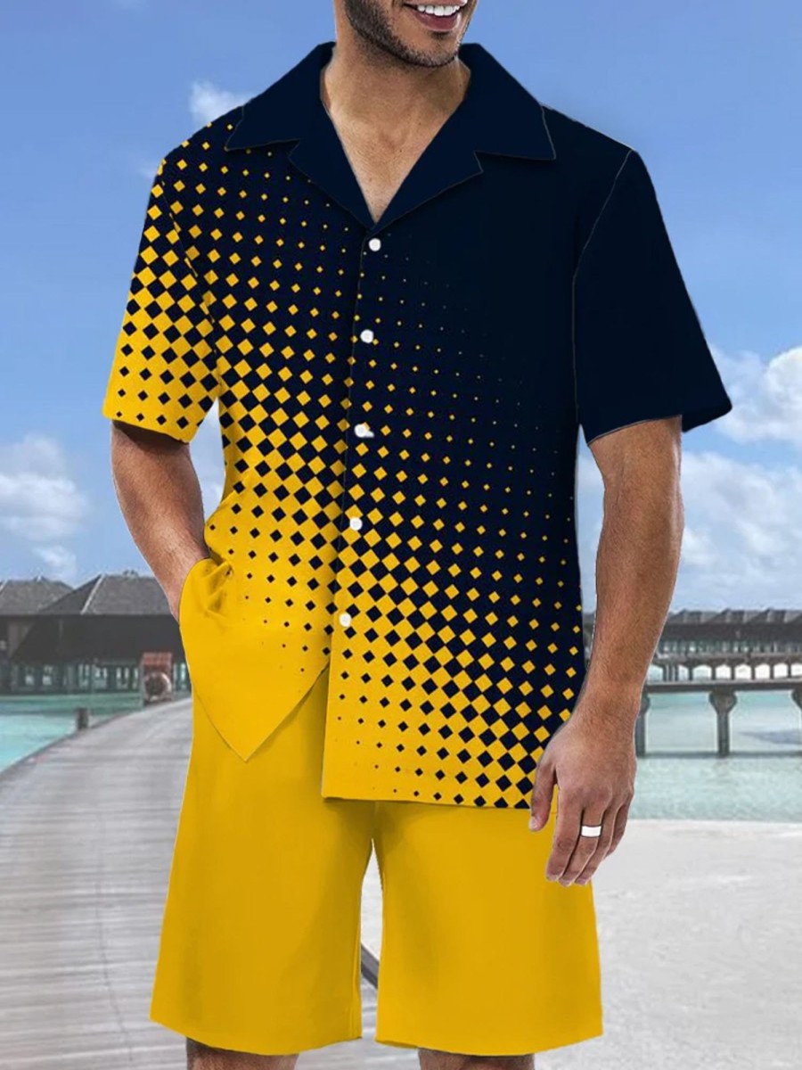 Men DJ Set | Fashion Color Contrast Polka Pot Printing Hawaiian Cuban Collar Short Sleeve Shirt Set Photo Color