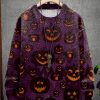 Men LJC Print Sweater | Simple Halloween Pumpkin Grimace Knit Pullover Print Casual Sweater Purple