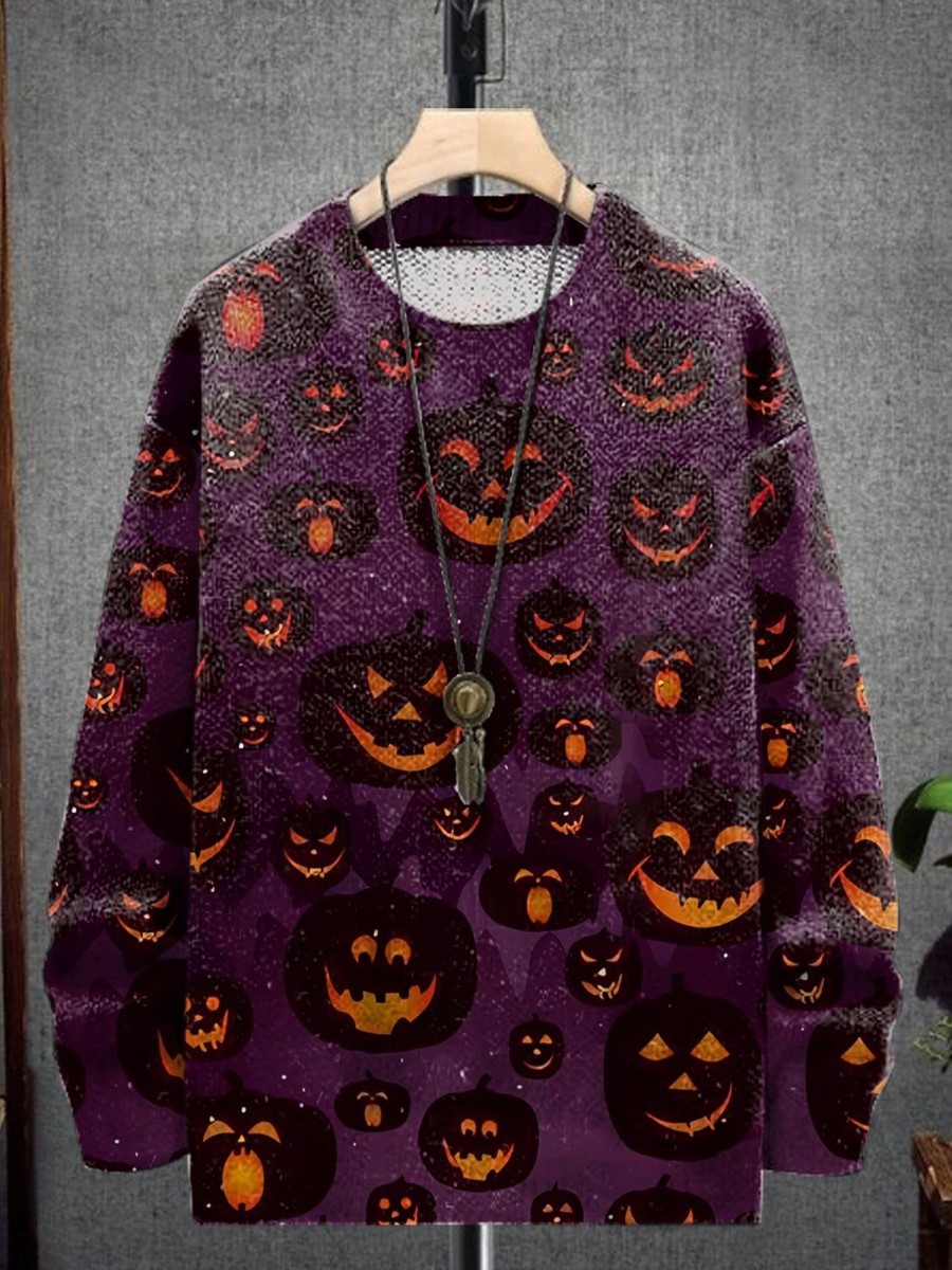 Men LJC Print Sweater | Simple Halloween Pumpkin Grimace Knit Pullover Print Casual Sweater Purple