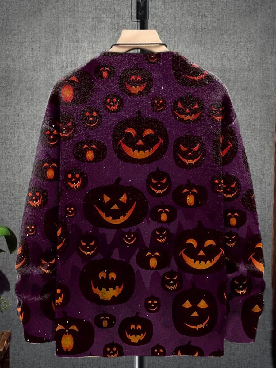 Men LJC Print Sweater | Simple Halloween Pumpkin Grimace Knit Pullover Print Casual Sweater Purple