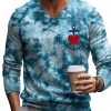 Men DJ Print Sweater | Tie-Dye Heart Anchor Print V-Neck Knitted Pullover Sweater Blue