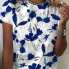 Women DJ | Crew Neck Blue Floral Print Short Sleeve T-Shirt Photo Color