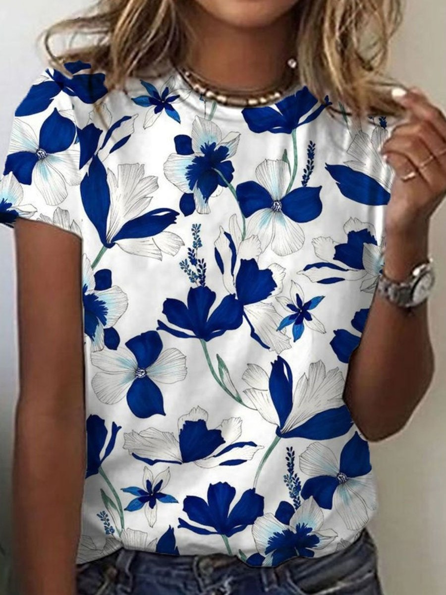 Women DJ | Crew Neck Blue Floral Print Short Sleeve T-Shirt Photo Color