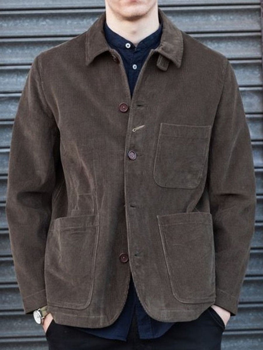 Men DJ Jacket | Vintage Corduroy Multi-Pocket Casual Jacket Brown