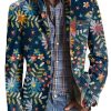 Men DJ Print Jacket | Vintage Embroidered Floral Print Printed Lapel Three-Pocket Casual Blazer Photo Color