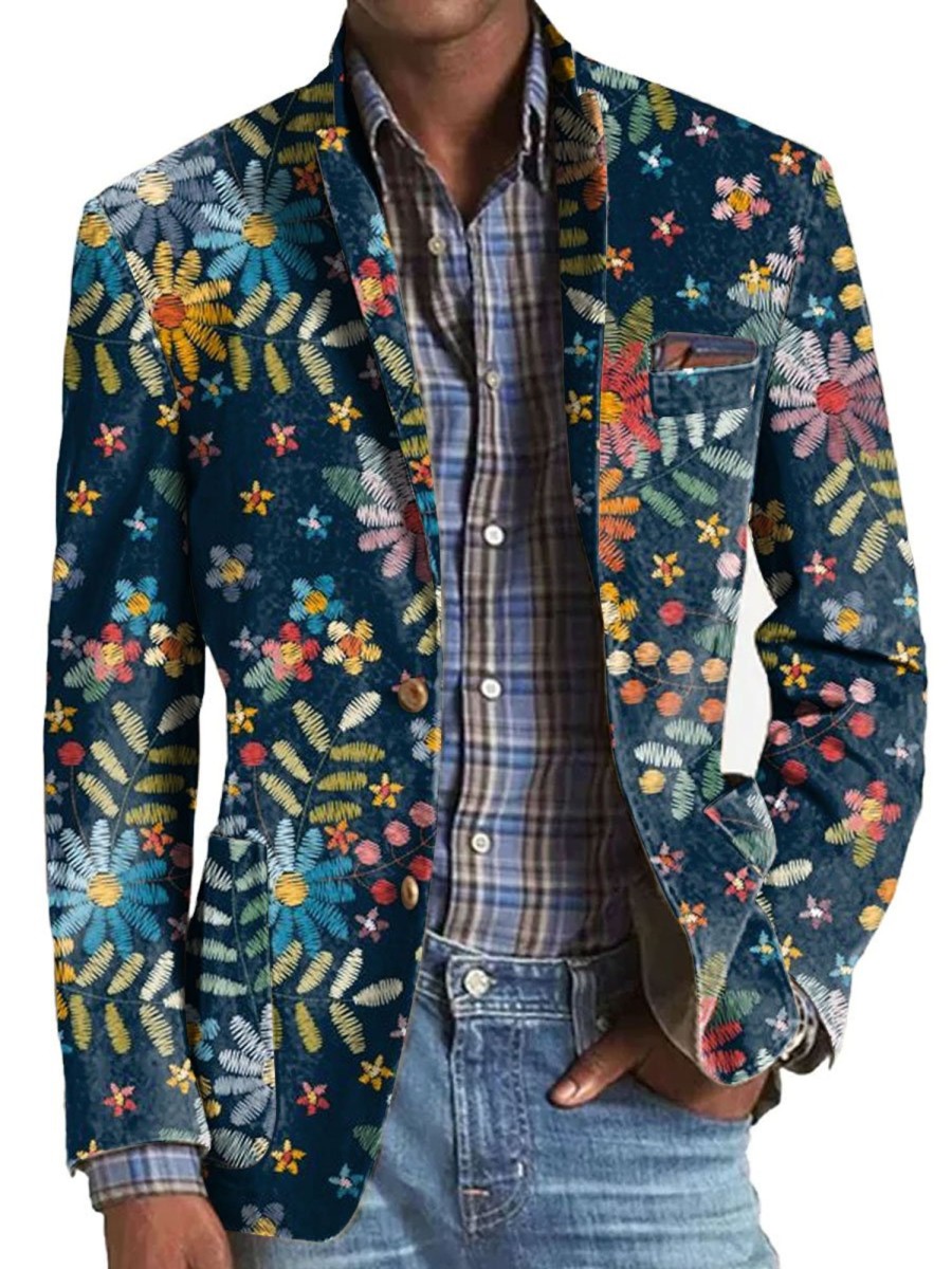 Men DJ Print Jacket | Vintage Embroidered Floral Print Printed Lapel Three-Pocket Casual Blazer Photo Color