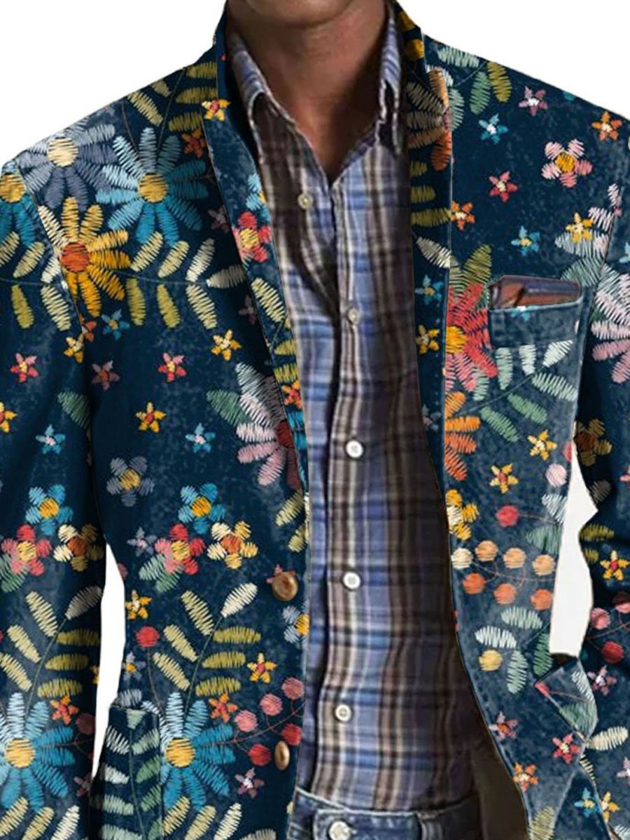 Men DJ Print Jacket | Vintage Embroidered Floral Print Printed Lapel Three-Pocket Casual Blazer Photo Color