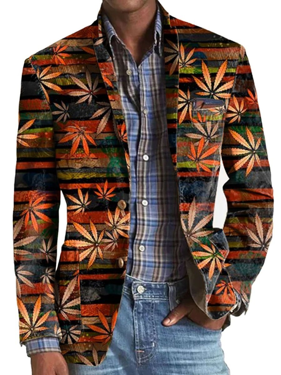 Men DJ Print Jacket | Retro Maple Leaf Print Lapel Single-Breasted Casual Blazer Photo Color