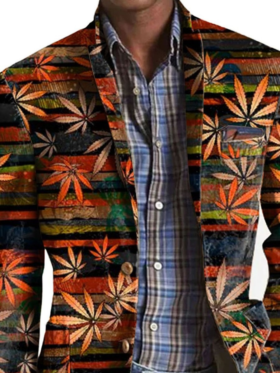 Men DJ Print Jacket | Retro Maple Leaf Print Lapel Single-Breasted Casual Blazer Photo Color